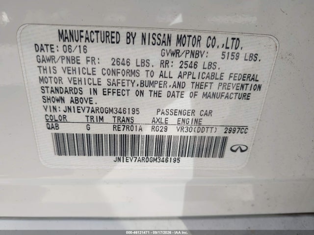2016 Infiniti Q50 3.0t Premium მანქანა იყიდება აუქციონზე, vin: JN1EV7AR0GM346195, აუქციონის ნომერი: 46121471