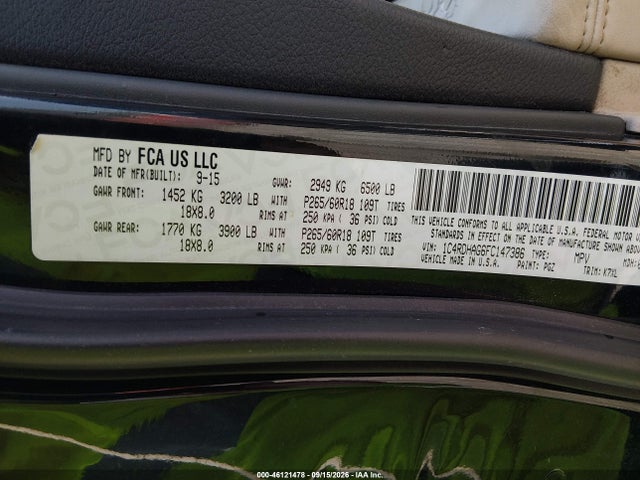 Продаж на аукціоні авто 2015 Dodge Durango Sxt, vin: 1C4RDHAG6FC147386, номер лоту: 46121478