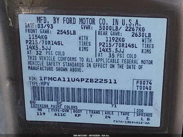 46121481 :رقم المزاد ، 1FMCA11U4PZB22511 vin ، 1993 Ford Aerostar مزاد بيع