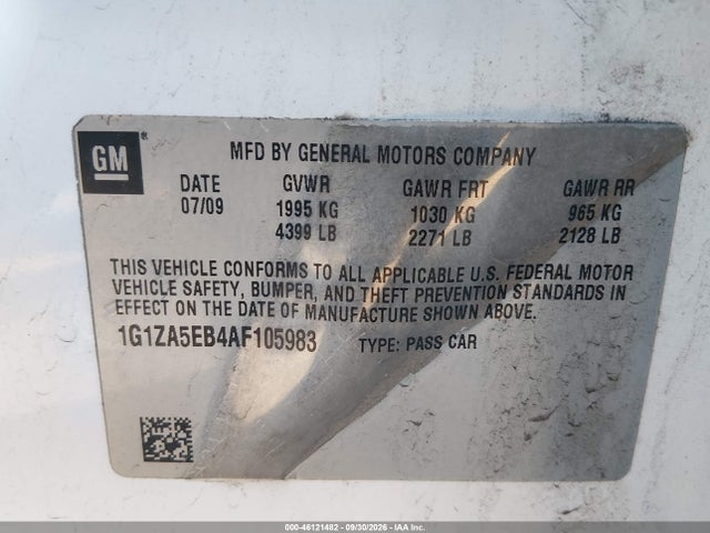 46121482 :رقم المزاد ، 1G1ZA5EB4AF105983 vin ، 2010 Chevrolet Malibu Ls مزاد بيع