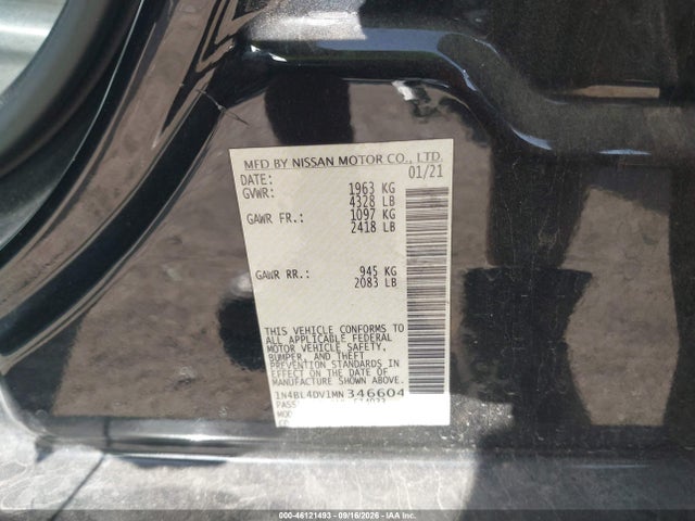 46121493 :رقم المزاد ، 1N4BL4DV1MN346604 vin ، 2021 Nissan Altima Sv Fwd مزاد بيع