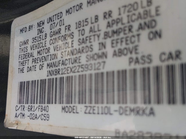 Aukcja sprzedaży 2002 Toyota Corolla Ce/le/s, vin: 1NXBR12EX2Z593127, numer aukcji: 46121497