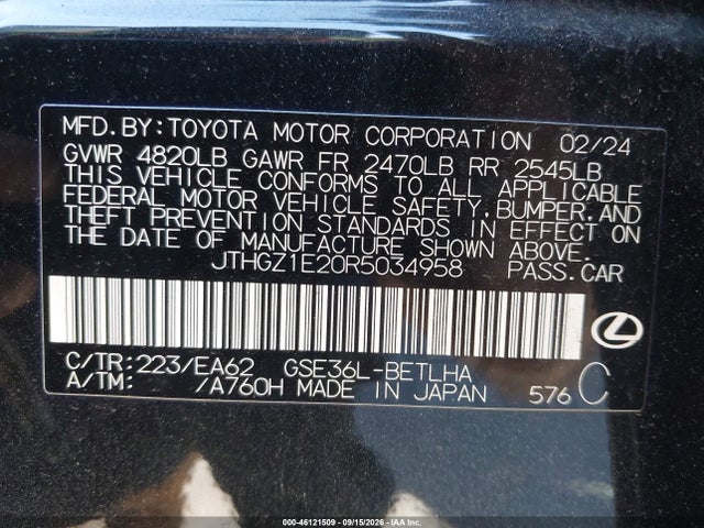 2024 Lexus Is 350 F Sport მანქანა იყიდება აუქციონზე, vin: JTHGZ1E20R5034958, აუქციონის ნომერი: 46121509
