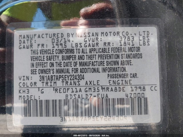 Auction sale of the 2014 Nissan Sentra Sv, vin: 3N1AB7AP5EY224304, lot number: 46121513