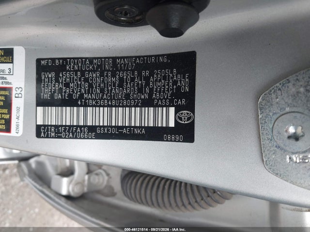 46121514 :رقم المزاد ، 4T1BK36B48U280972 vin ، 2008 Toyota Avalon Xl/xls/touring/limited مزاد بيع