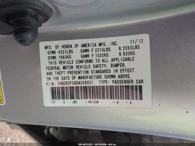 46121521 :رقم المزاد ، 1HGCR2F56DA059931 vin ، 2013 Honda Accord Sport مزاد بيع