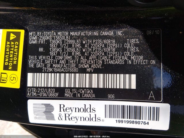 46121522 :رقم المزاد ، 2T2BK1BA6AC076680 vin ، 2010 Lexus Rx 350 مزاد بيع