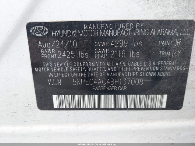 Продажа на аукционе авто 2011 Hyundai Sonata Limited, vin: 5NPEC4AC4BH137008, номер лота: 46121523