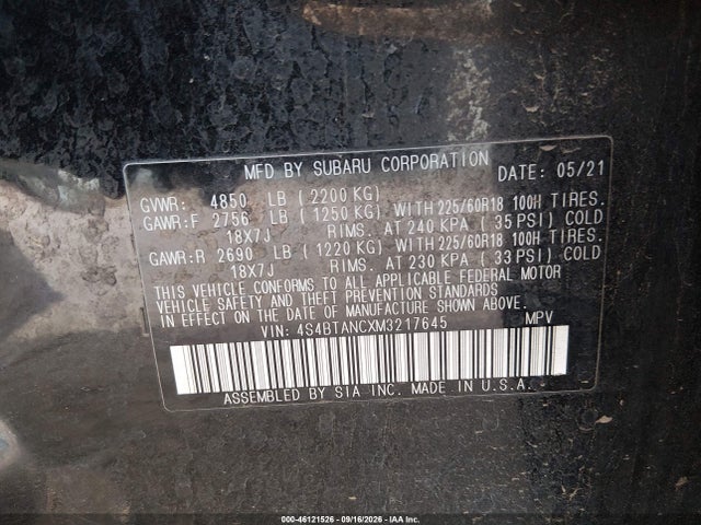 Продаж на аукціоні авто 2021 Subaru Outback Limited, vin: 4S4BTANCXM3217645, номер лоту: 46121526
