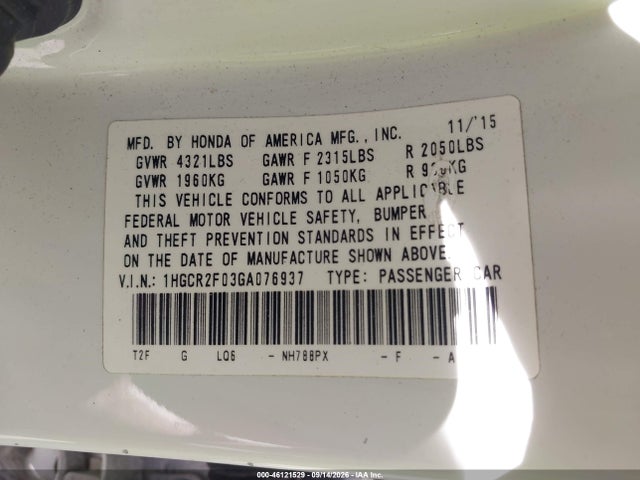 2016 Honda Accord Ex მანქანა იყიდება აუქციონზე, vin: 1HGCR2F03GA076937, აუქციონის ნომერი: 46121529