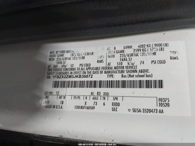 Aukcja sprzedaży 2018 Ford Transit T-350, vin: 1FBZX2ZM3JKB36072, numer aukcji: 46121536