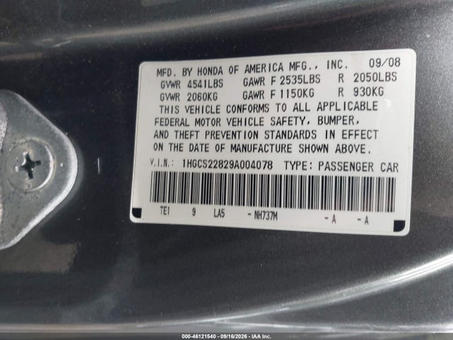 46121540 :رقم المزاد ، 1HGCS22829A004078 vin ، 2009 Honda Accord 3.5 Ex-l مزاد بيع