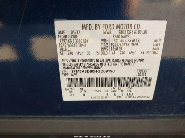 46121554 :رقم المزاد ، 1FM5K8D80HGD09190 vin ، 2017 Ford Explorer Xlt مزاد بيع