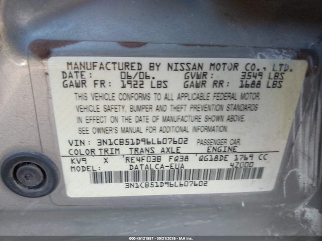 Продаж на аукціоні авто 2006 Nissan Sentra 1.8, vin: 3N1CB51D96L607602, номер лоту: 46121557