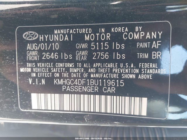 2011 Hyundai Genesis 4.6 მანქანა იყიდება აუქციონზე, vin: KMHGC4DF1BU119615, აუქციონის ნომერი: 46121566