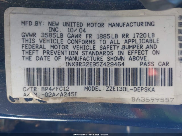 Продажа на аукционе авто 2005 Toyota Corolla S, vin: 1NXBR32E95Z429464, номер лота: 46121568