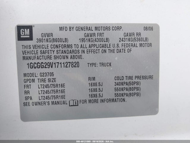 Aukcja sprzedaży 2007 Chevrolet Express G2500, vin: 1GCGG29V171127820, numer aukcji: 46121569
