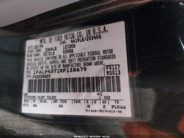 Продаж на аукціоні авто 1994 Ford Mustang Gt, vin: 1FALP45T1RF138679, номер лоту: 46121573