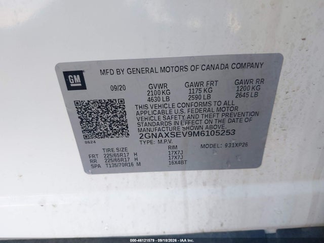 46121579 :رقم المزاد ، 2GNAXSEV9M6105253 vin ، 2021 Chevrolet Equinox Ls مزاد بيع