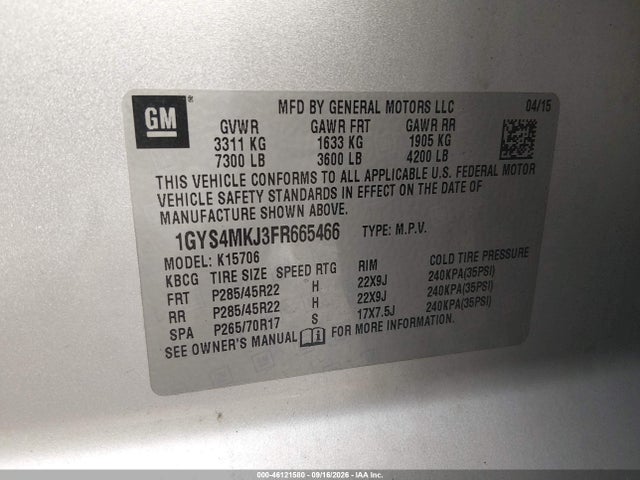 46121580 :رقم المزاد ، 1GYS4MKJ3FR665466 vin ، 2015 Cadillac Escalade Luxury مزاد بيع