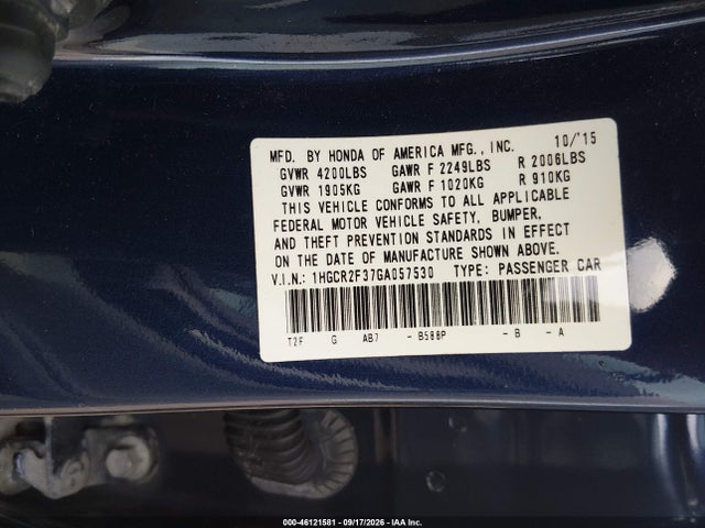 Honda ACCORD LX 2016 1HGCR2F37GA057530 Image 9