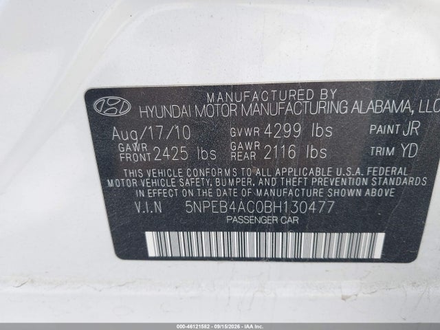 Aukcja sprzedaży 2011 Hyundai Sonata Gls, vin: 5NPEB4AC0BH130477, numer aukcji: 46121582