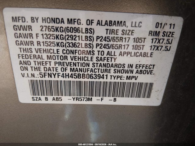 Aukcja sprzedaży 2011 Honda Pilot Ex, vin: 5FNYF4H45BB063941, numer aukcji: 46121594