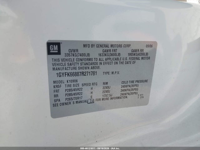 Aukcja sprzedaży 2007 Cadillac Escalade Esv, vin: 1GYFK66887R271781, numer aukcji: 46121611