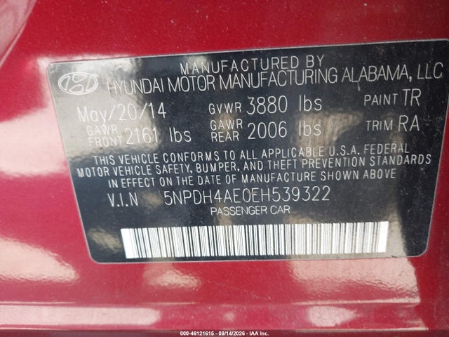 Продаж на аукціоні авто 2014 Hyundai Elantra Se/sport/limited, vin: 5NPDH4AE0EH539322, номер лоту: 46121615
