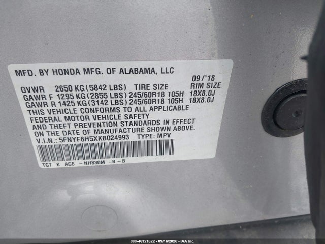 Aukcja sprzedaży 2019 Honda Pilot Exl, vin: 5FNYF6H5XKB024993, numer aukcji: 46121622