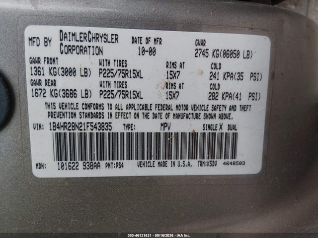 Продажа на аукционе авто 2001 Dodge Durango, vin: 1B4HR28N21F543835, номер лота: 46121631