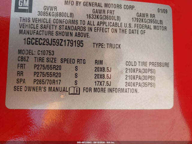 Aukcja sprzedaży 2009 Chevrolet Silverado 1500 Lt, vin: 1GCEC29J59Z179195, numer aukcji: 46121643