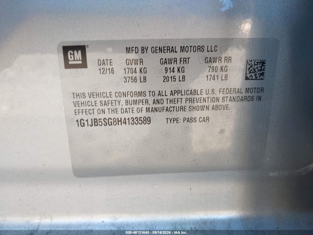 46121645 :رقم المزاد ، 1G1JB5SG8H4133589 vin ، 2017 Chevrolet Sonic Ls Auto مزاد بيع