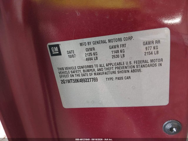 Продаж на аукціоні авто 2008 Chevrolet Impala Lt, vin: 2G1WT58K489227769, номер лоту: 46121649