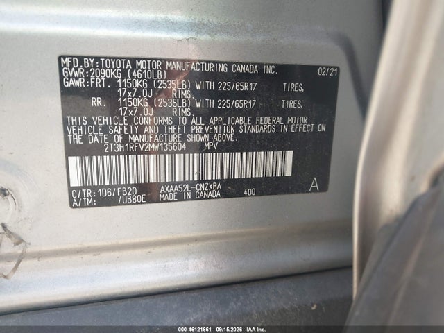 2021 Toyota Rav4 Le მანქანა იყიდება აუქციონზე, vin: 2T3H1RFV2MW135604, აუქციონის ნომერი: 46121661