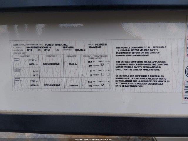 Aukcja sprzedaży 2021 Forest River Salem Laminated Towables, vin: 4X4FSBN25MV008916, numer aukcji: 46121663