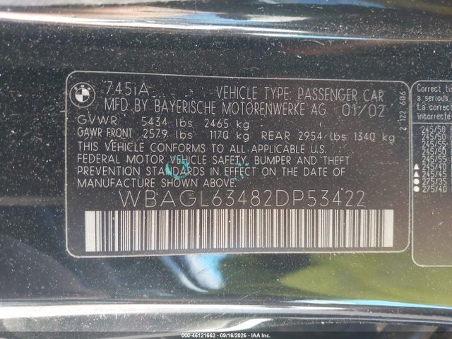 2002 Bmw 745i მანქანა იყიდება აუქციონზე, vin: WBAGL63482DP53422, აუქციონის ნომერი: 46121662