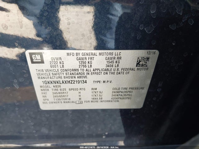 46121670 :رقم المزاد ، 1GKKNKLAXHZ219134 vin ، 2017 Gmc Acadia Sle-1 مزاد بيع