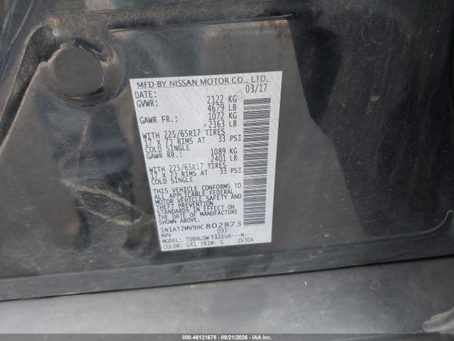 46121678 :رقم المزاد ، 5N1AT2MV9HC802873 vin ، 2017 Nissan Rogue Sv مزاد بيع