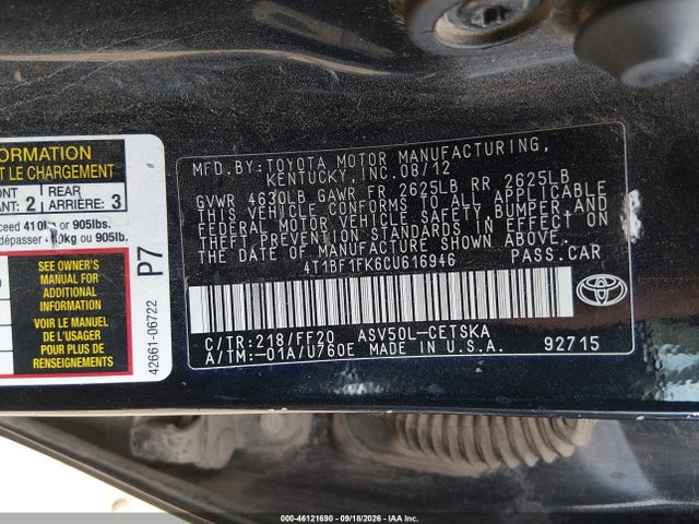 Aukcja sprzedaży 2012 Toyota Camry Se, vin: 4T1BF1FK6CU616946, numer aukcji: 46121690
