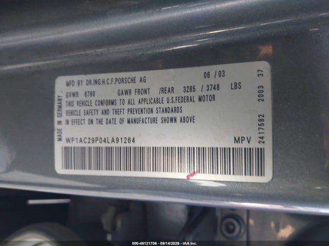 46121706 :رقم المزاد ، WP1AC29P04LA91264 vin ، 2004 Porsche Cayenne Turbo مزاد بيع