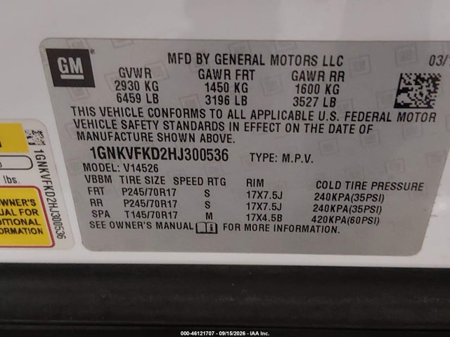 Chevrolet Traverse Ls 2017 1GNKVFKD2HJ300536 Image 9