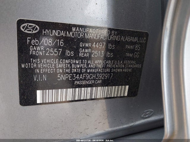 46121726 :رقم المزاد ، 5NPE34AF9GH392917 vin ، 2016 Hyundai Sonata Limited مزاد بيع