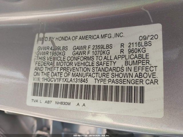 46121730 :رقم المزاد ، 1HGCV1F1XLA131845 vin ، 2020 Honda Accord Lx مزاد بيع