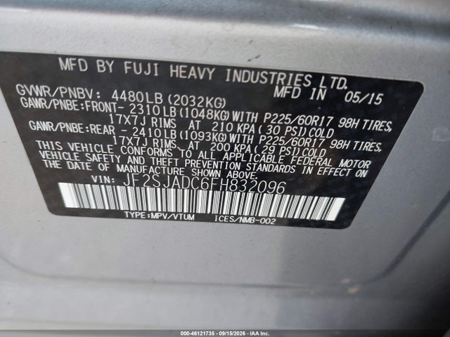 Продаж на аукціоні авто 2015 Subaru Forester 2.5i Premium, vin: JF2SJADC6FH832096, номер лоту: 46121735