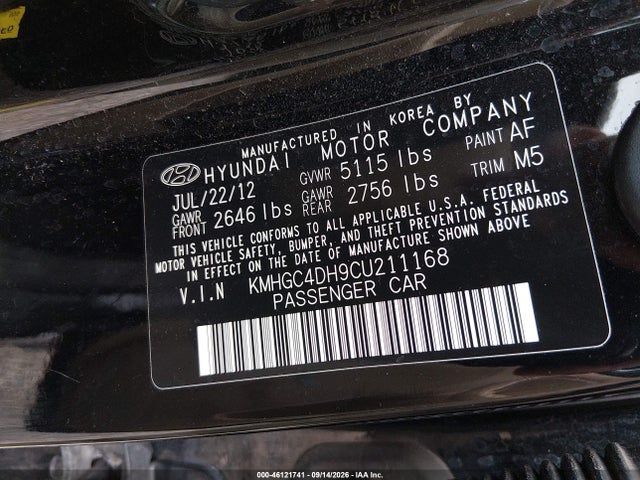 Продажа на аукционе авто 2012 Hyundai Genesis 5.0, vin: KMHGC4DH9CU211168, номер лота: 46121741
