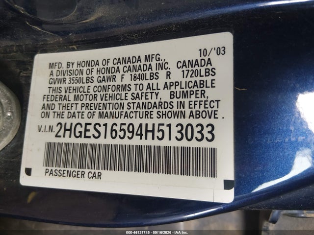 46121745 :رقم المزاد ، 2HGES16594H513033 vin ، 2004 Honda Civic Lx مزاد بيع