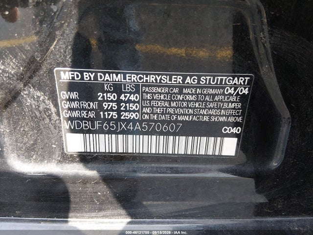Aukcja sprzedaży 2004 Mercedes-benz E 320, vin: WDBUF65JX4A570607, numer aukcji: 46121755