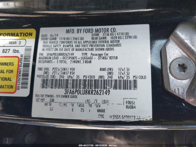Aukcja sprzedaży 2019 Ford Fusion Hybrid Se, vin: 3FA6P0LU8KR262149, numer aukcji: 46121758