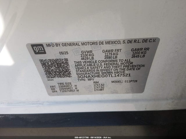 Продаж на аукціоні авто 2026 Chevrolet Equinox Fwd Lt, vin: 3GNAXHEG0TL147521, номер лоту: 46121766